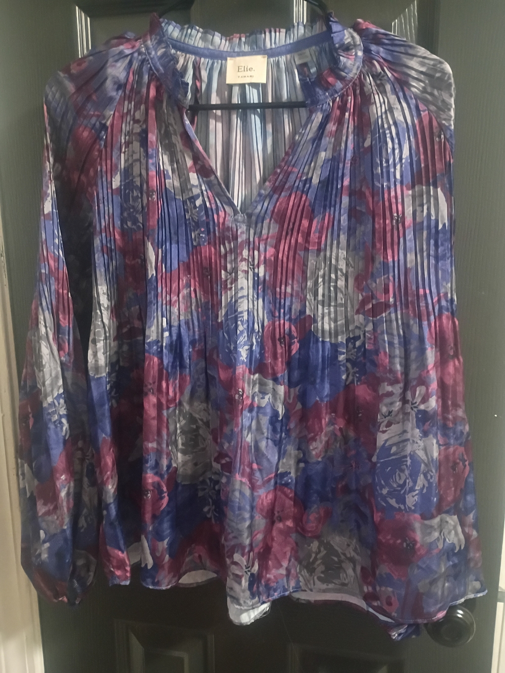 Tahari Floral Pleated V-Neck Blouse in Blue, Pink & Gray